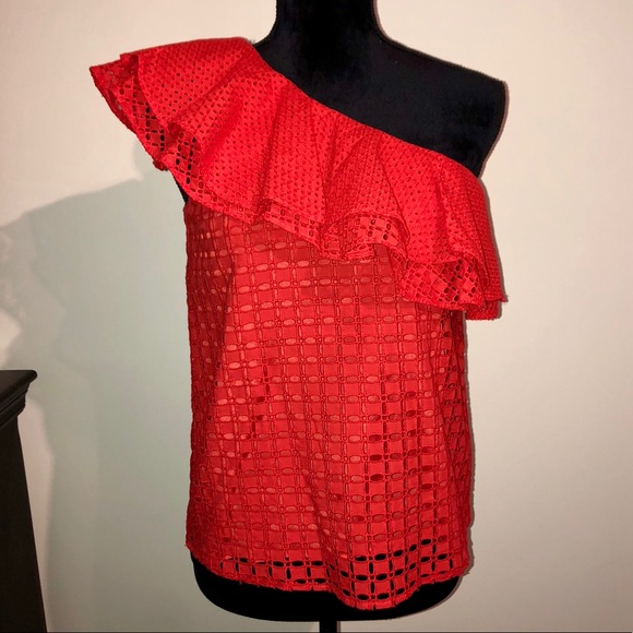 J Crew Red Ruffle Off the Shoulder Top - Picture 3 of 7